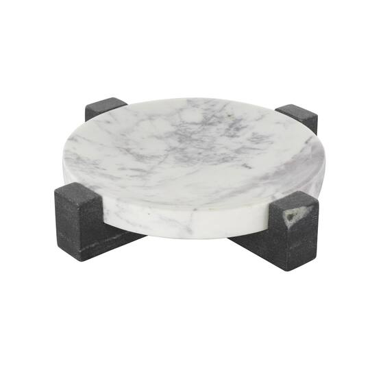 10" x 10" White with Black X-Shaped Base Marble Geometric Round Tray